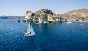 Barca's sailing boat on a private morning excursion at santorini